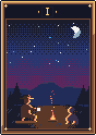 A father and his child by a campfire under the moon